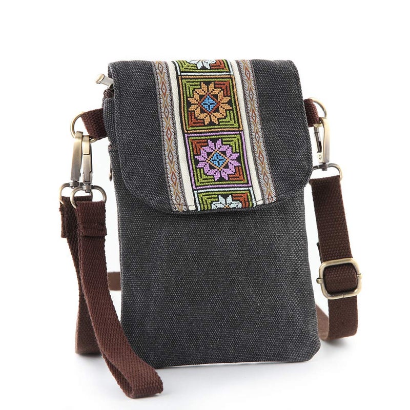 SILKAREA Vintage Embroidered Canvas Flip Small Crossbody Bag Cell Phone Pouch for Women Wristlet Wallet Bag Coin Purse (Black) - Image 1